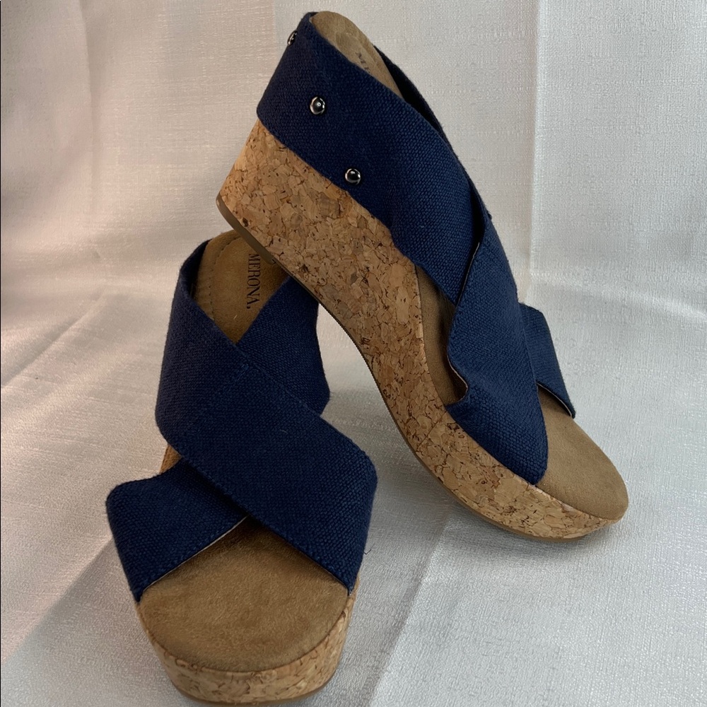 Merona, denim, blue, cork, wedge sandals